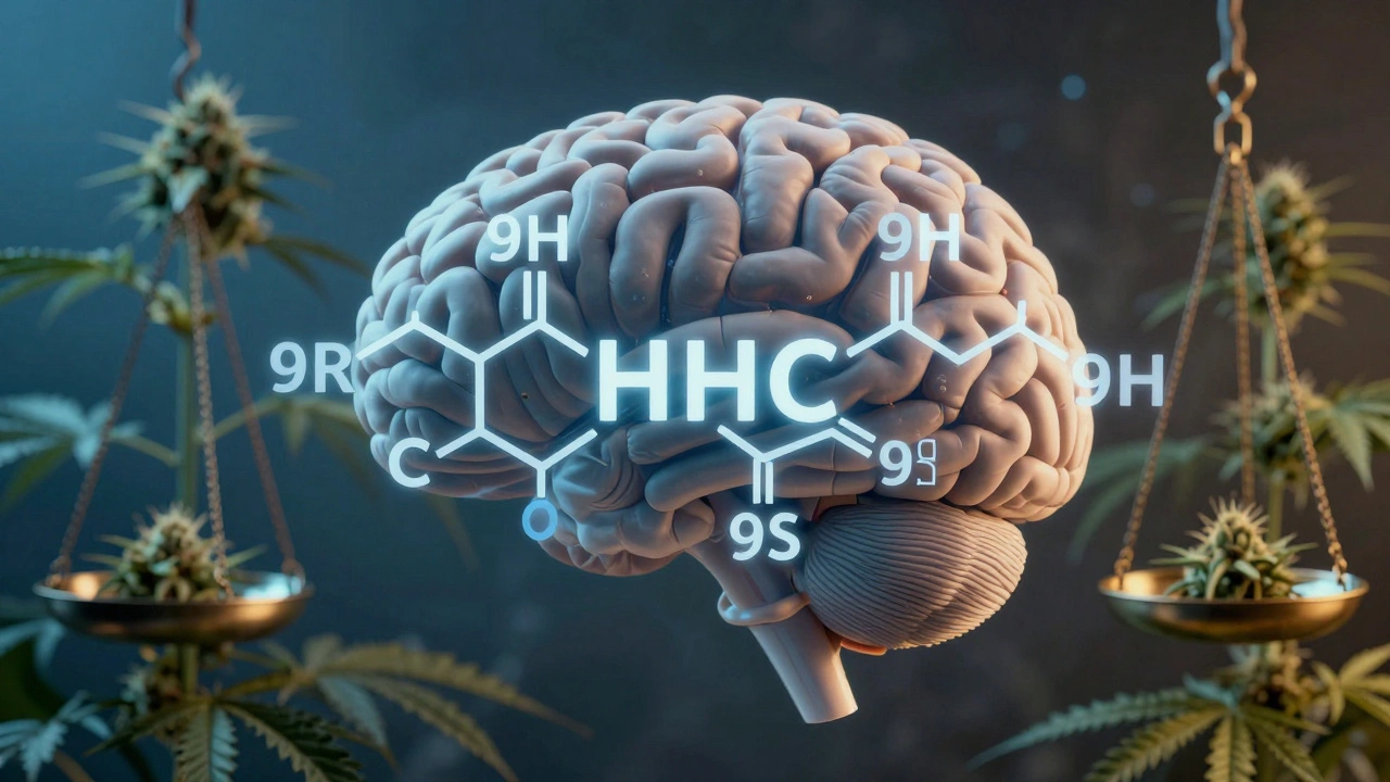 Gehirn mit HHC-Molekülstruktur überlagert, hemp-Pflanzen im Hintergrund, symbolisch für Wirkung und Rechtslage
