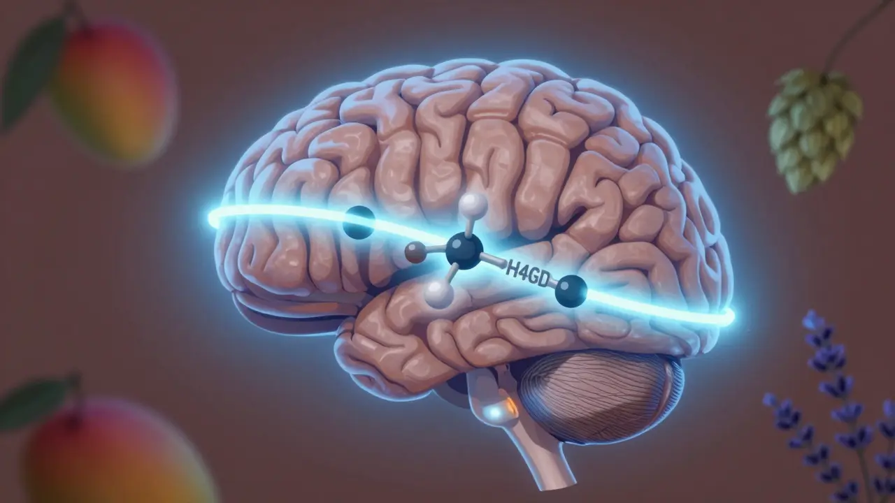 Gehirn mit leuchtender Blut-Hirn-Schranke, durch die ein Schlüssel-Molekül H4CBD leitet