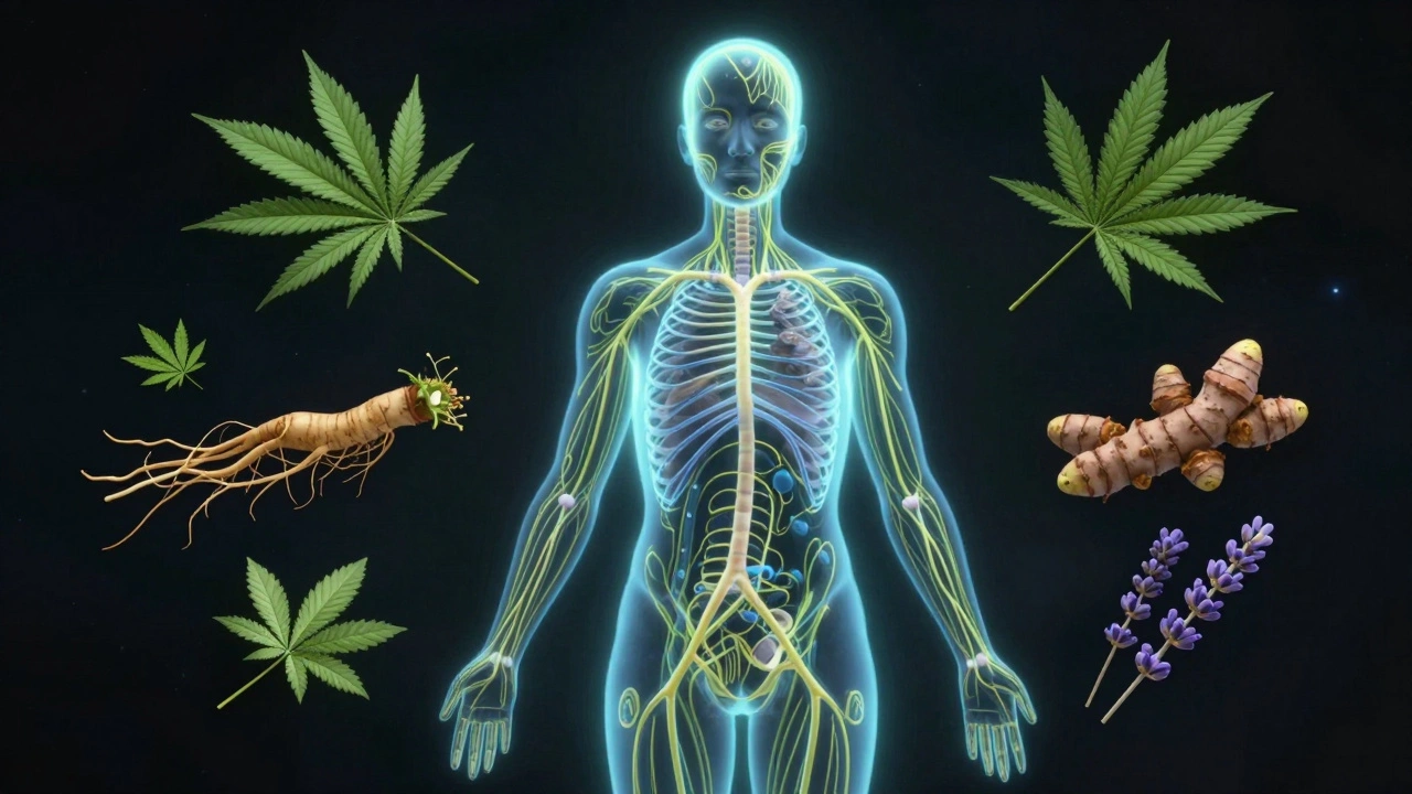 Glowendes Nervensystem mit natürlichen Heilpflanzen in sanftem Licht