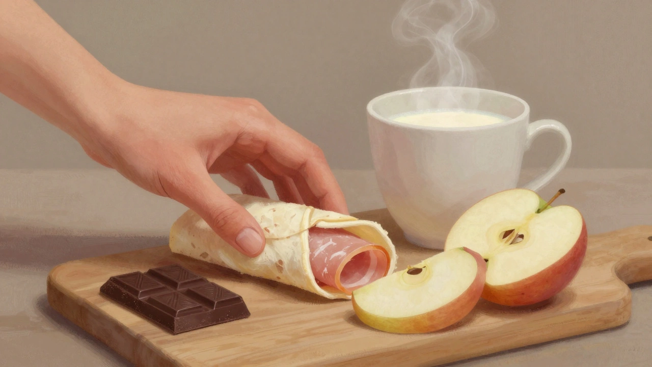 Holzbrett mit Wrap, Apfelscheiben und dunkler Schokolade neben einer Tasse warmer Milch.