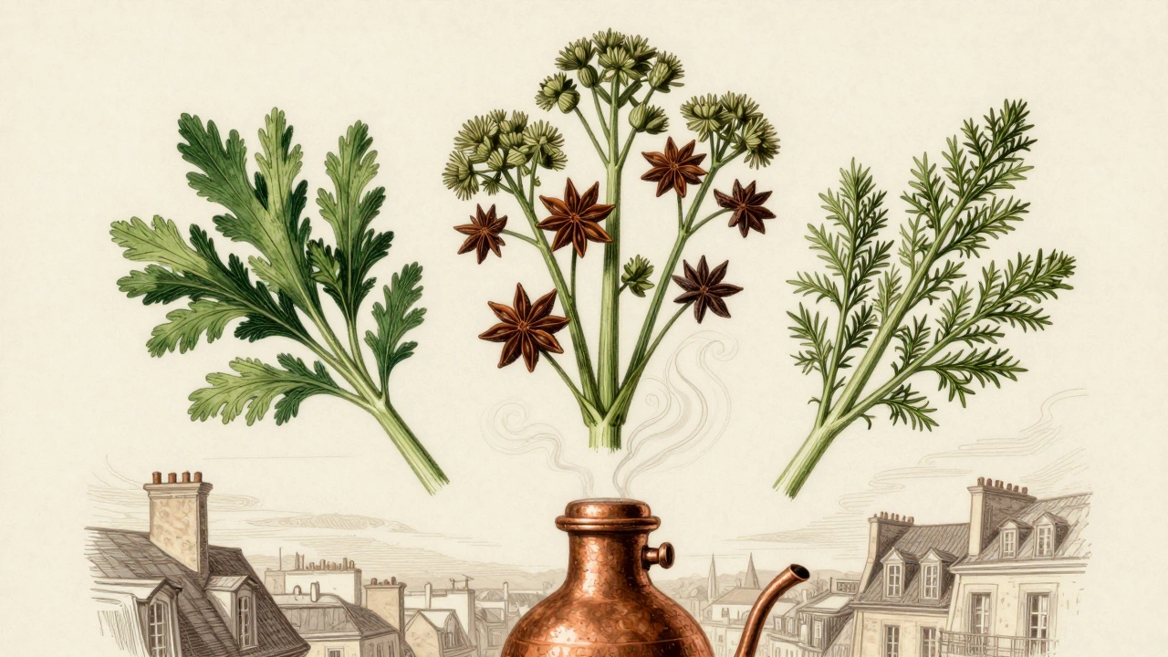 Holzschnitt-Stil mit drei Kräutern über einem Destillierapparat, sepia und grün.