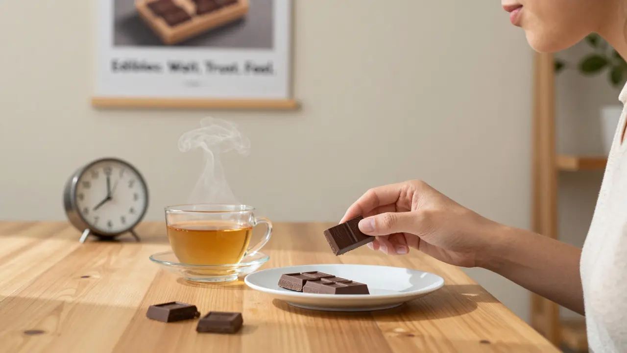 Jemand isst langsam eine Cannabis-Schokolade bei ruhigem Licht, eine Tasse Tee steht daneben, friedliche Atmosphäre.