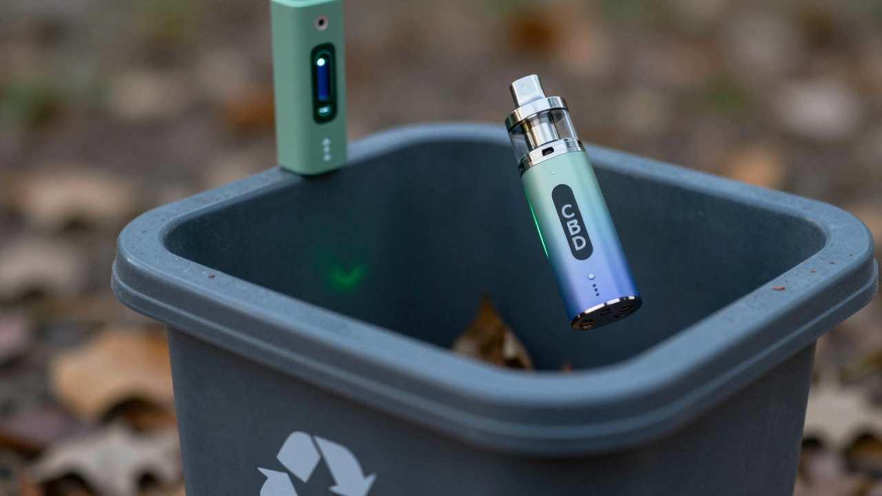 Leeres CBD-Vape-Gerät wird in Elektroschrottcontainer gelegt.