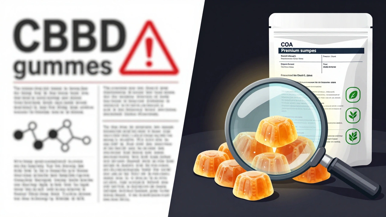 Linker Teil: billige CBD-Gummis mit Warnsymbolen; rechter Teil: hochwertige Gummis mit Laborzertifikaten und CBD-Kristallen.