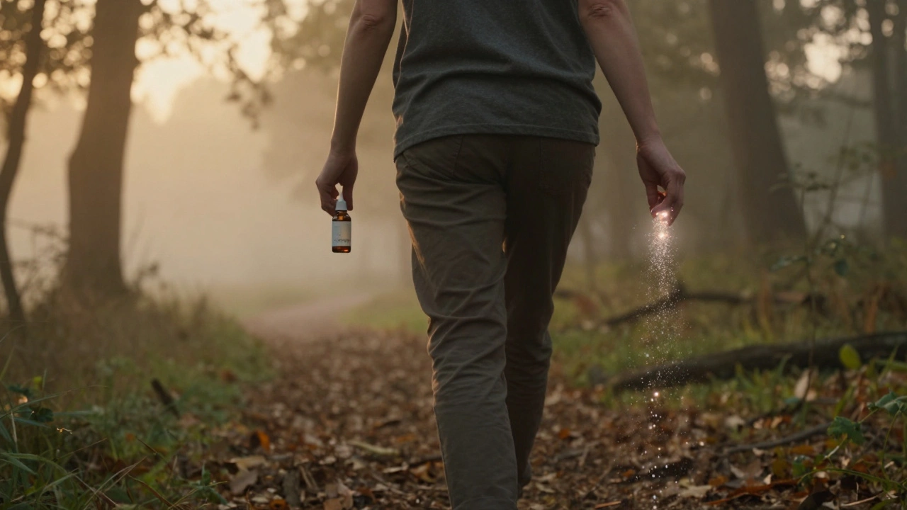 Mensch wandert durch Wald, während beruhigende Energie aus CBD-Flasche strömt