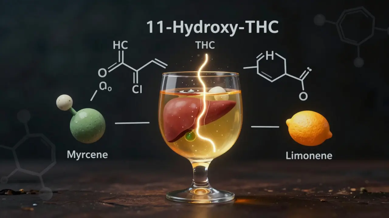Molekulare Darstellung von THC-Umwandlung in der Leber mit Terpenen in einer künstlerischen Szene.