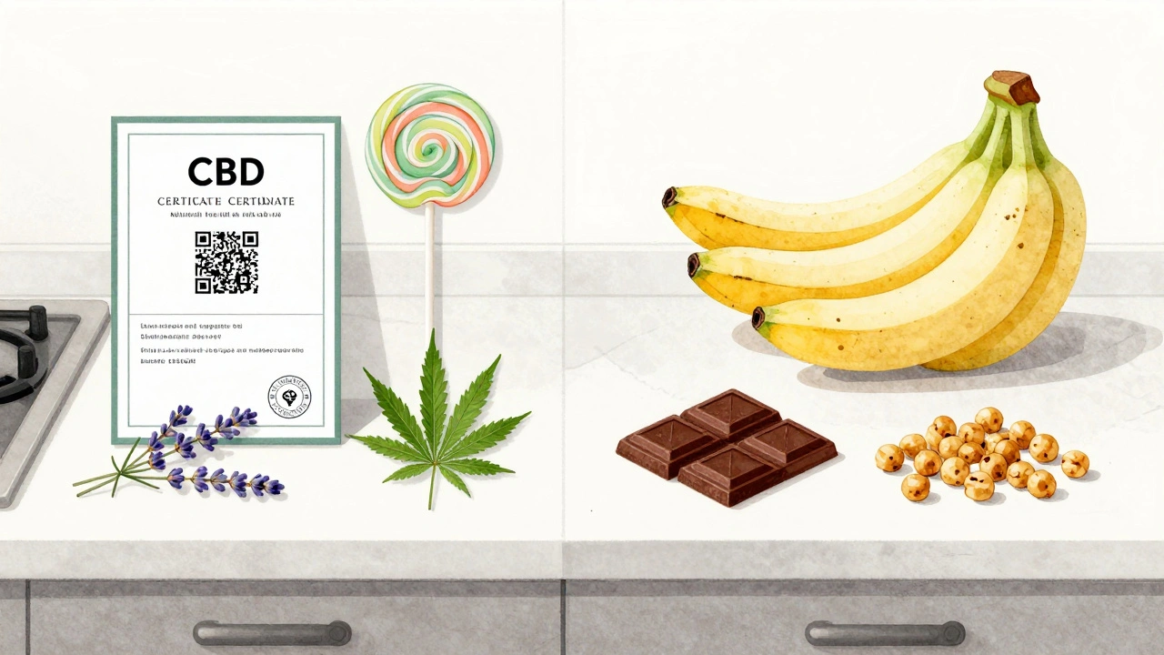 Natürliche Snacks und CBD-Lutschbonbon auf einer Küchenplatte mit Zutaten und Laborzertifikat