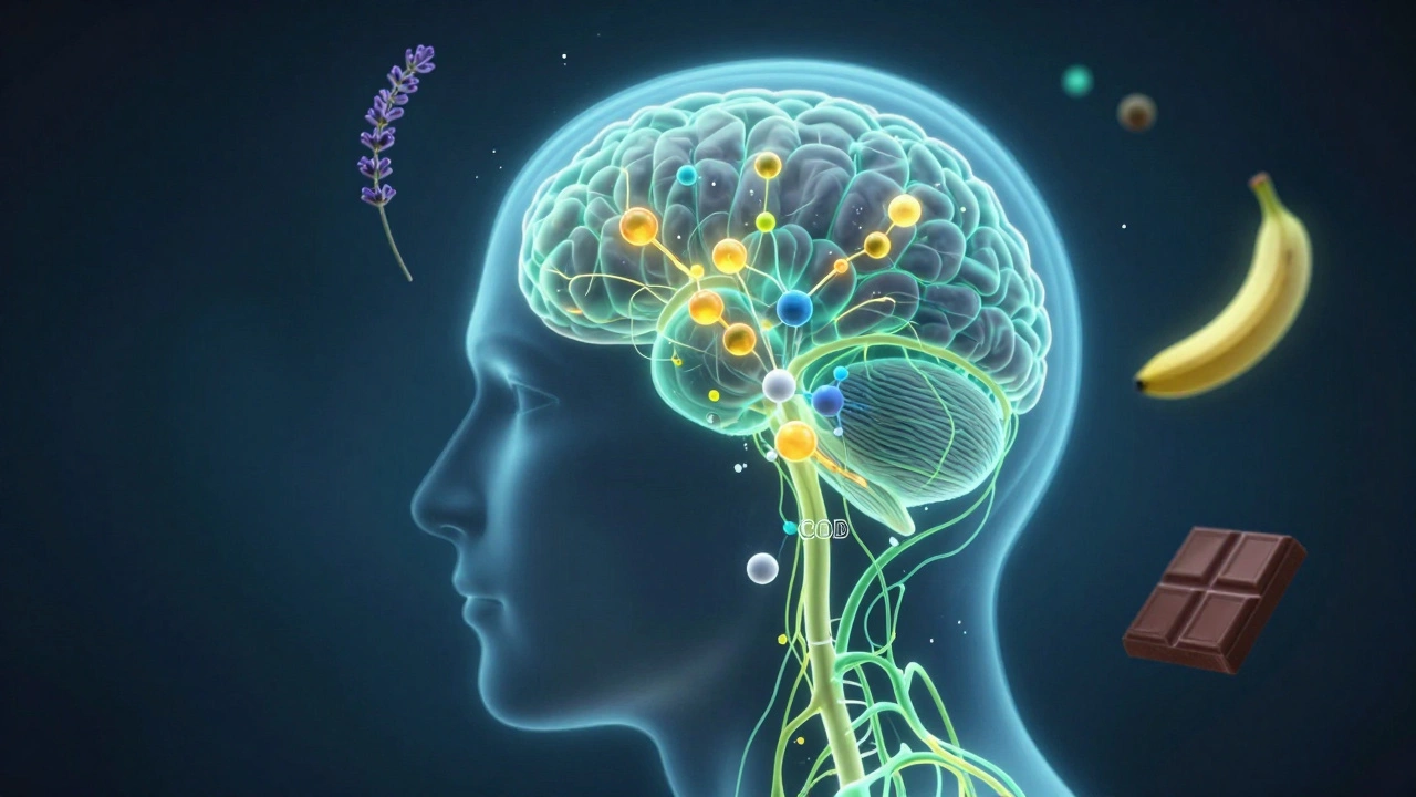 Nervensystem mit CBD- und Nährstoffströmen, die das Angstzentrum des Gehirns beruhigen