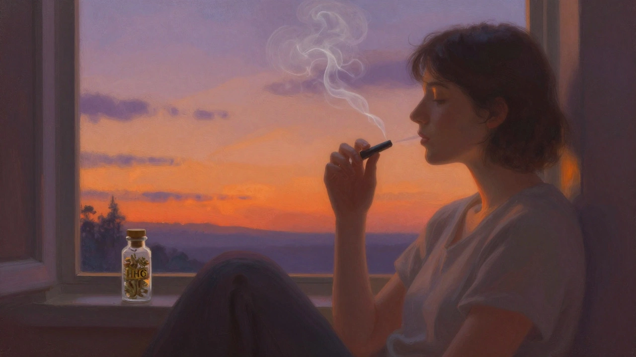 Person atmet sanft Dampf aus einem Vaporizer, abends am Fenster, warmes Licht und ruhige Stimmung