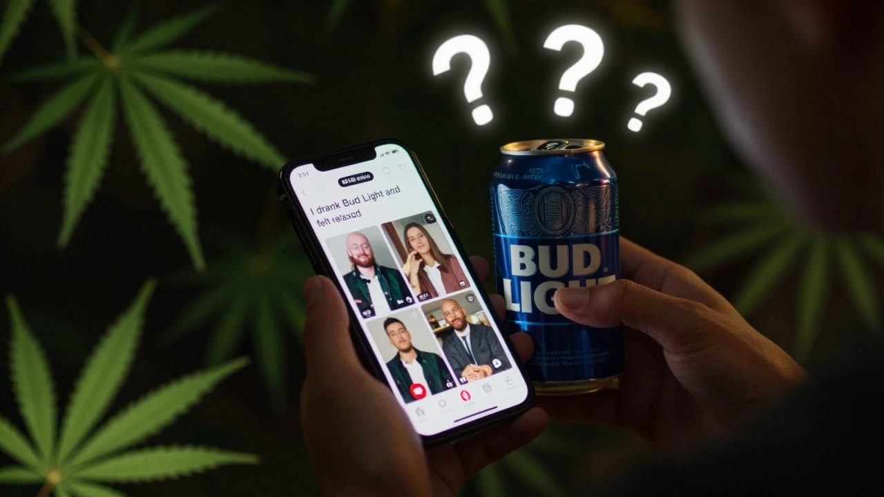 Person mit Bud Light-Dose und Handy, das falsche CBD-Bier-Videos zeigt, umgeben von schwebenden Fragezeichen.