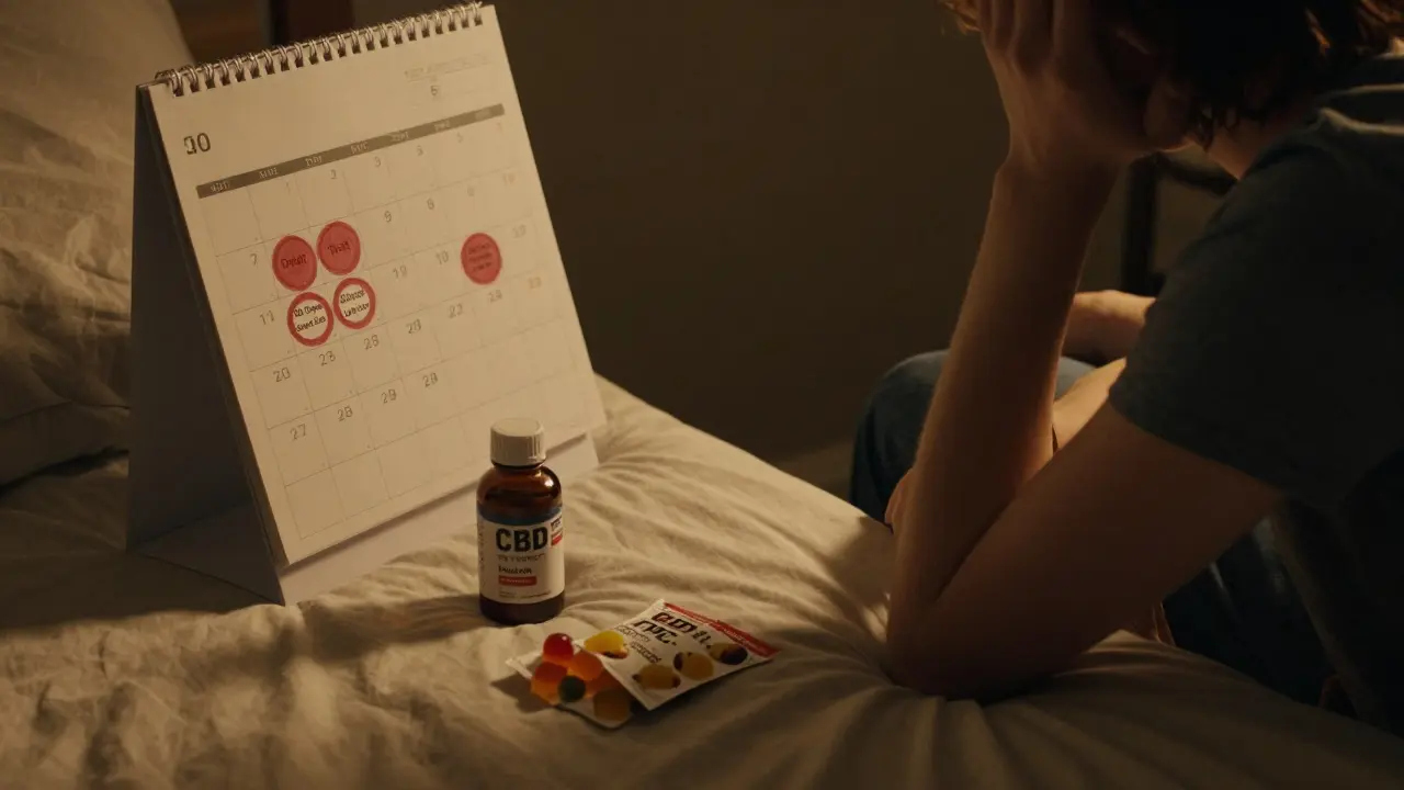 Person sitzt auf dem Bett und blickt auf einen Kalender mit Markierungen für einen Drogentest und den letzten THC-Konsum.