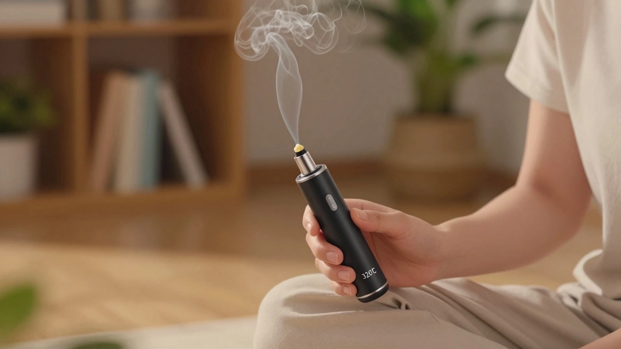 Person verwendet elektrischen Dab-Rig mit niedriger Temperatur, sanfter Dampf steigt auf, ruhige Umgebung.