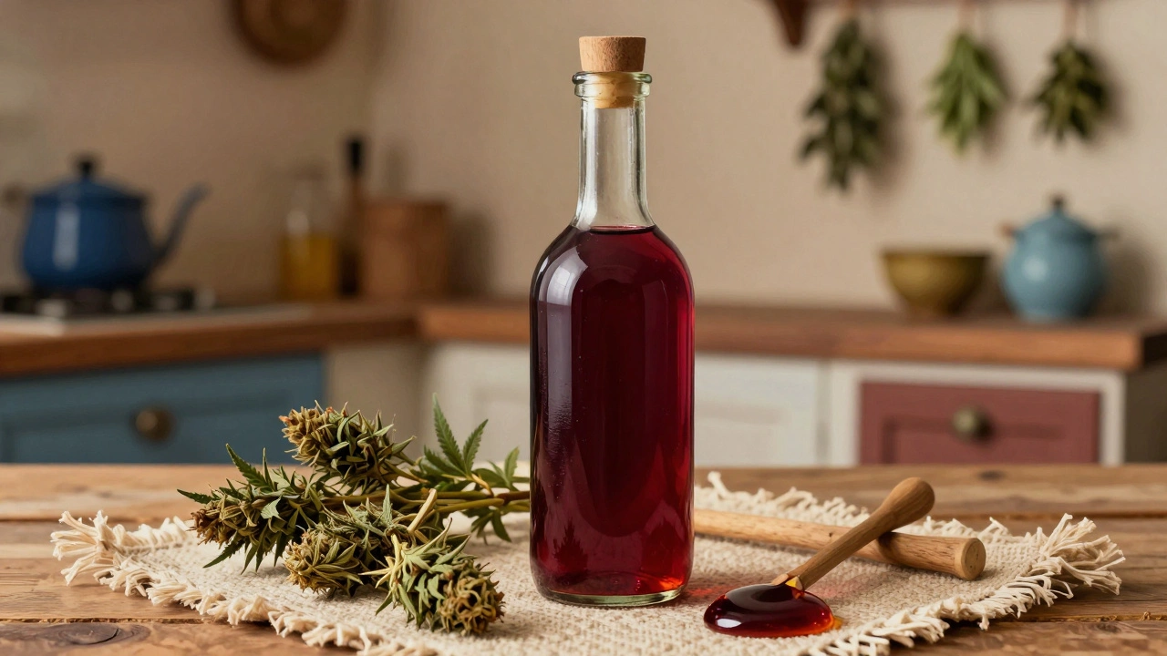 Stillleben mit Cannabis-Wein-Flasche, trockenen Blüten und Zimtstangen.