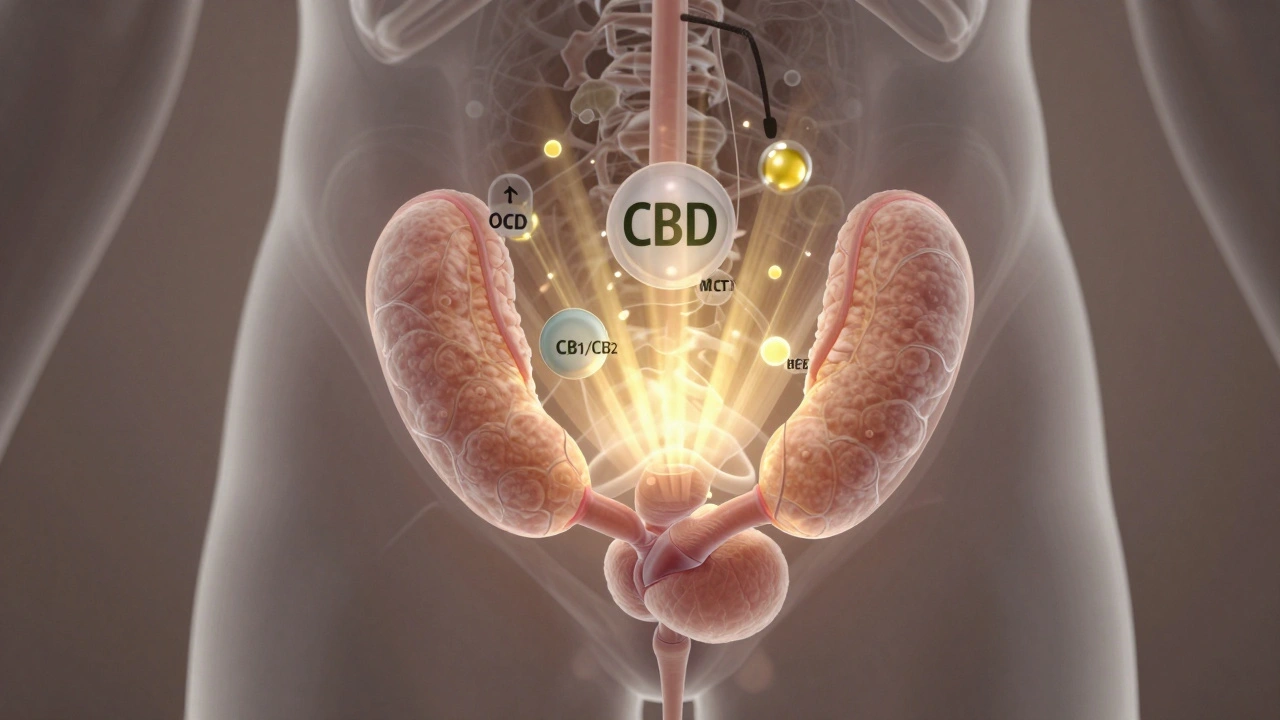 Transluzente Blase mit aktivierten Rezeptoren, die von CBD-Molekülen beeinflusst werden.