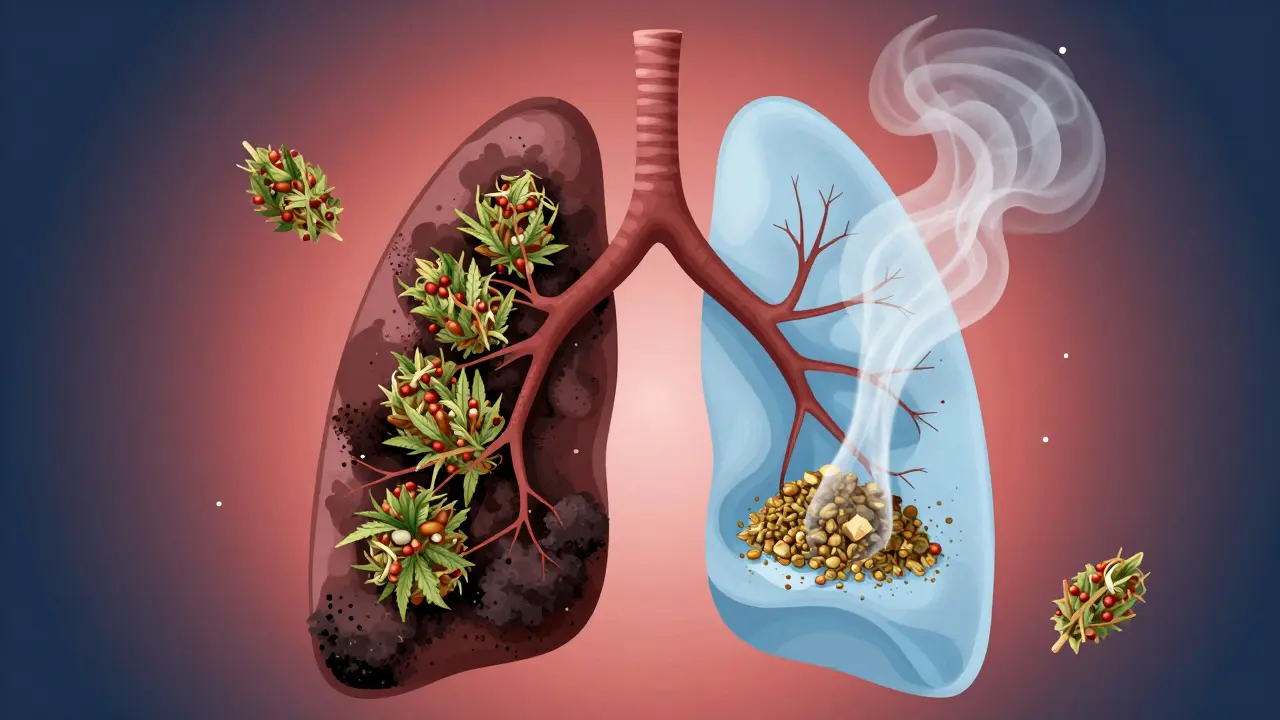 Vergleich der Lunge: eine von Ruß verschmutzt, die andere rein mit CBD-Dampf.