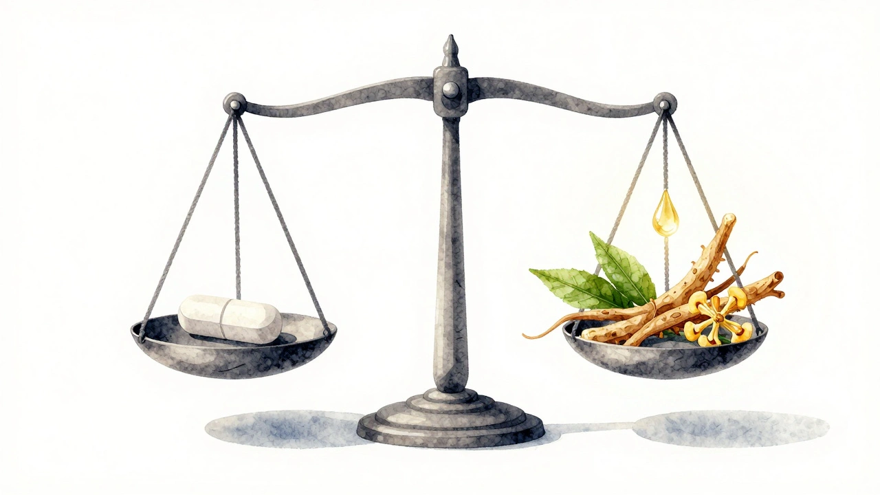 Waage mit Xanax auf einer Seite und natürlichen Alternativen auf der anderen.