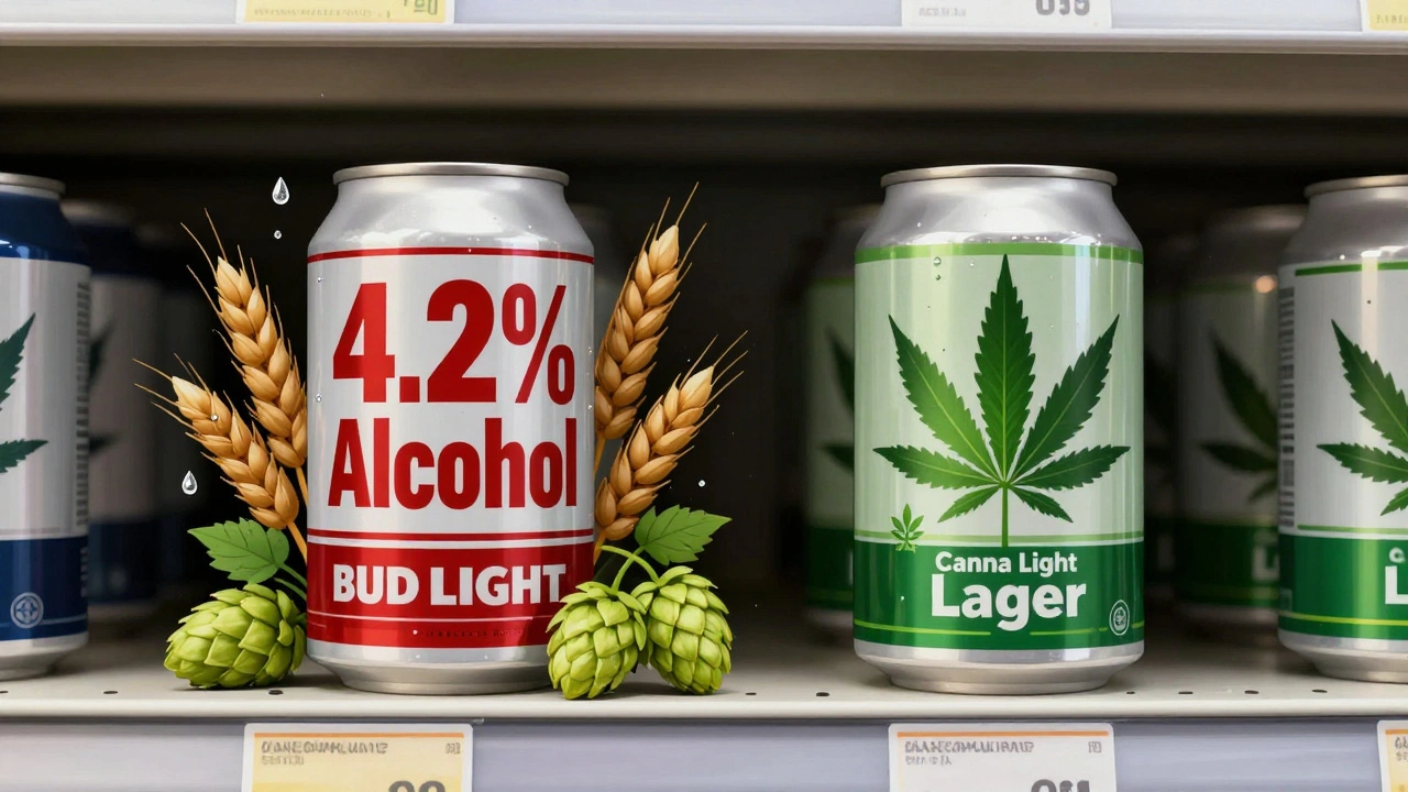 Zwei Bierdosen nebeneinander: Bud Light mit Alkohol-Symbol und Canna Light mit CBD-Symbol.