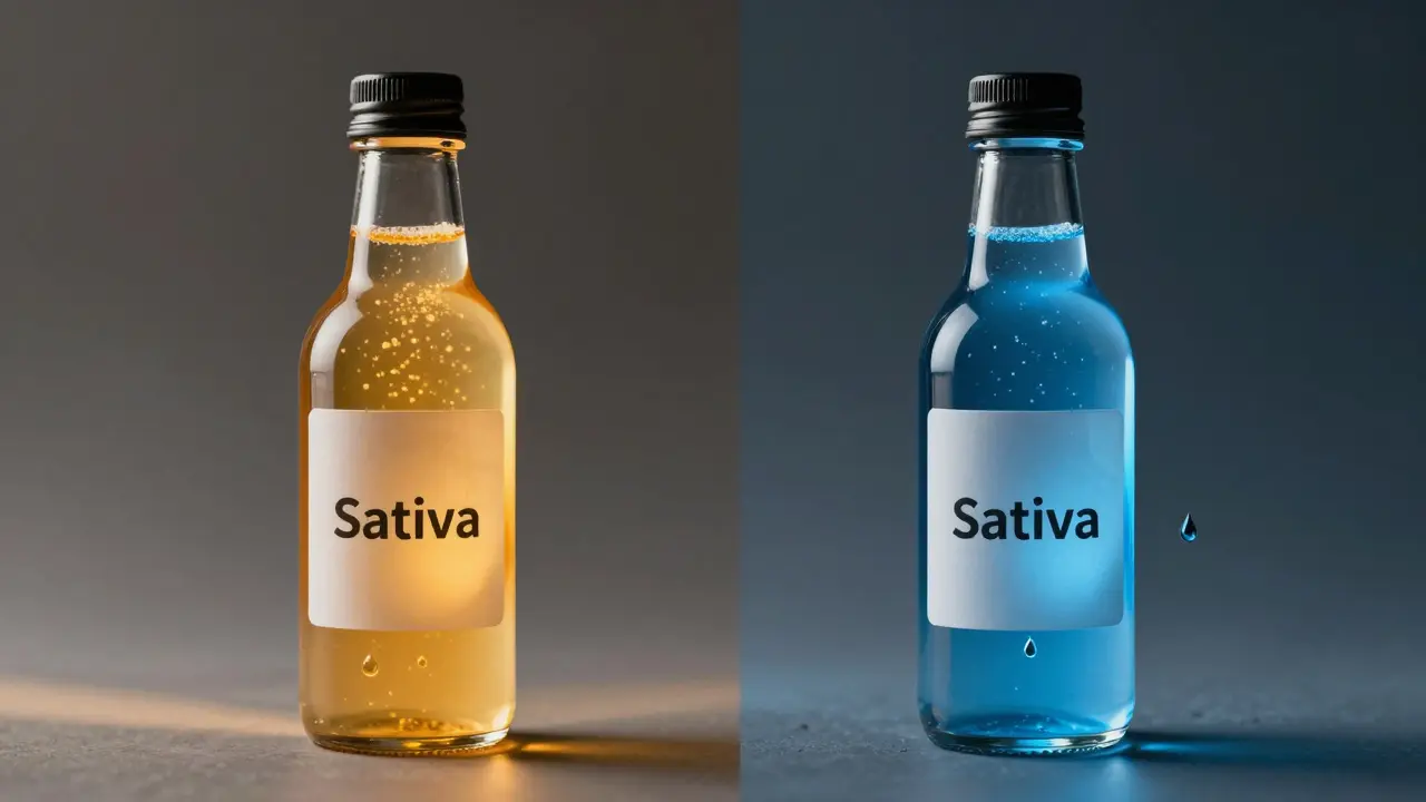 Zwei identische Cannabis-Getränke mit unterschiedlicher chemischer Wirkung, symbolisch dargestellt.