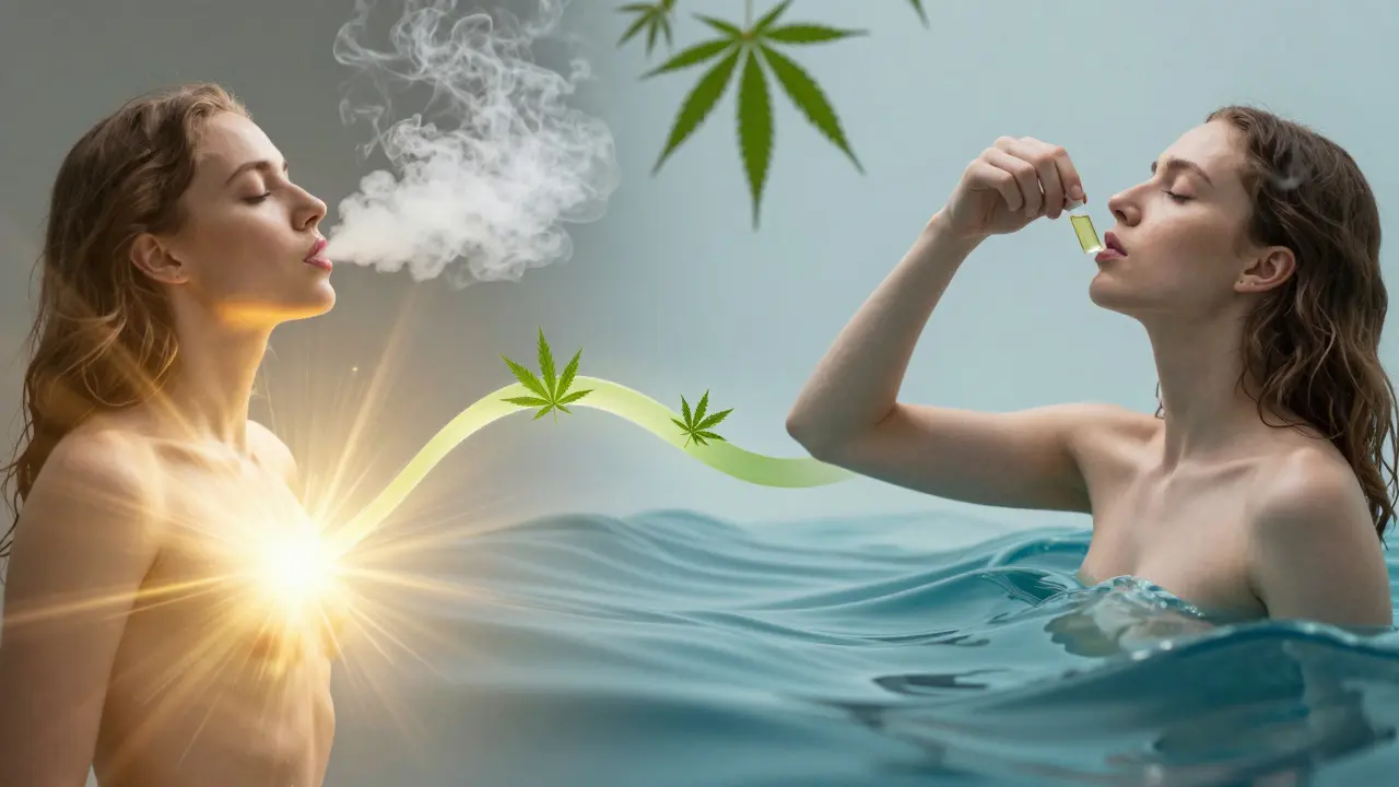 Zwei Szenen: links schnelle Wirkung durch Dampfen, rechts langsame Wirkung durch Öl – verbunden durch Hanfblätter.