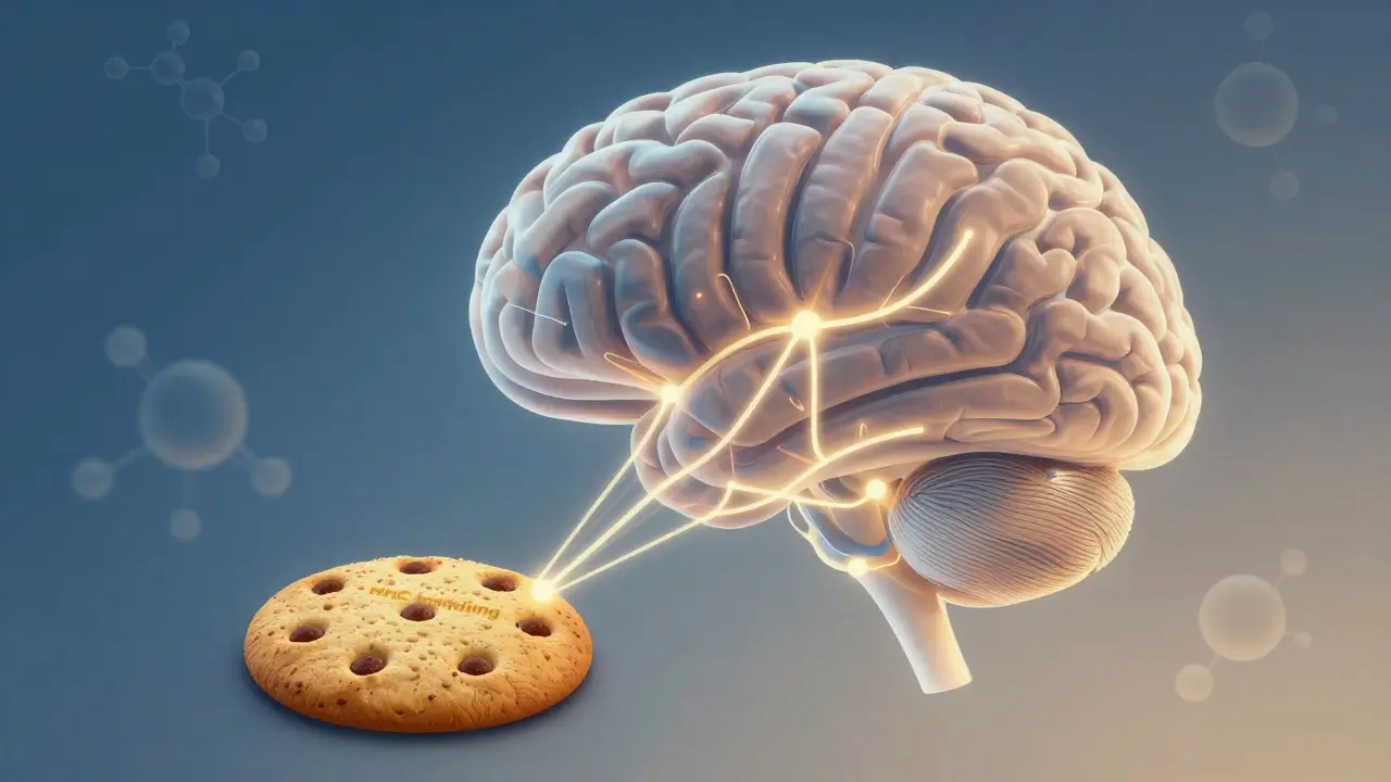 Abstrakte Darstellung eines Gehirns, das mit einem Keks durch sanfte Lichtwege verbunden ist.