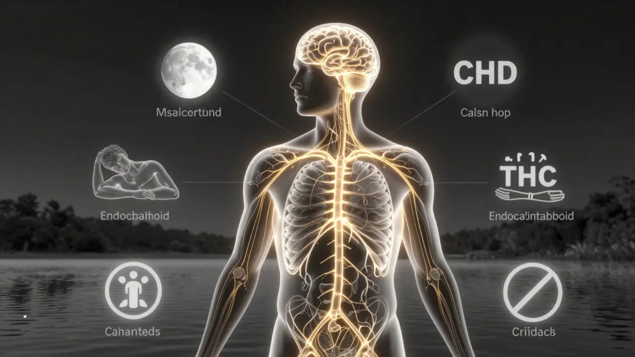 Abstrakte Darstellung von CBD, das das Nervensystem beruhigt — goldenes Licht fließt durch Körper und Gehirn.