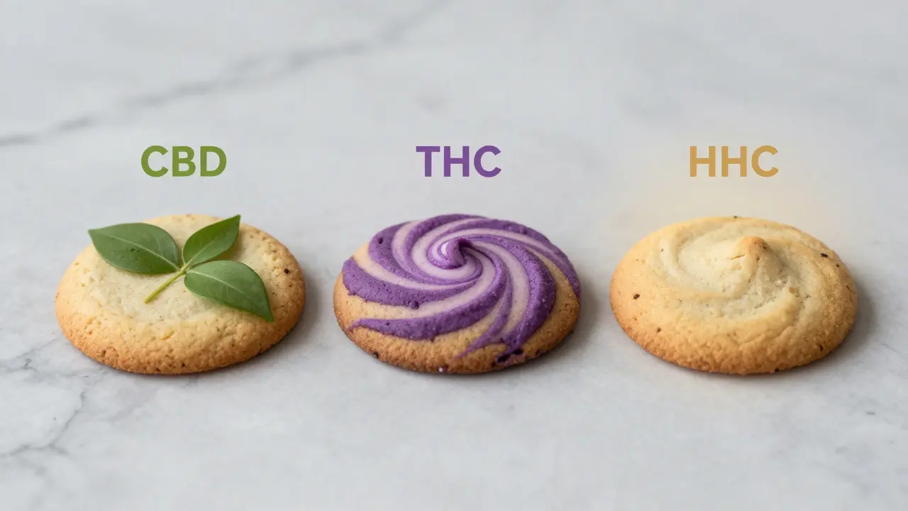 Drei Cannabinoid-Keckse nebeneinander mit visuellen Symbolen für CBD, THC und HHC.