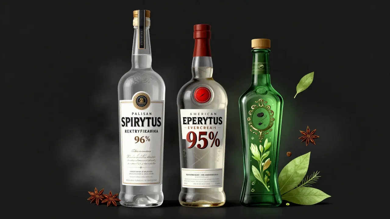 Drei hochprozentige Alkoholflaschen nebeneinander: Spirytus, Everclear und Absinth – Kontrast zwischen Reinheit und Aroma.