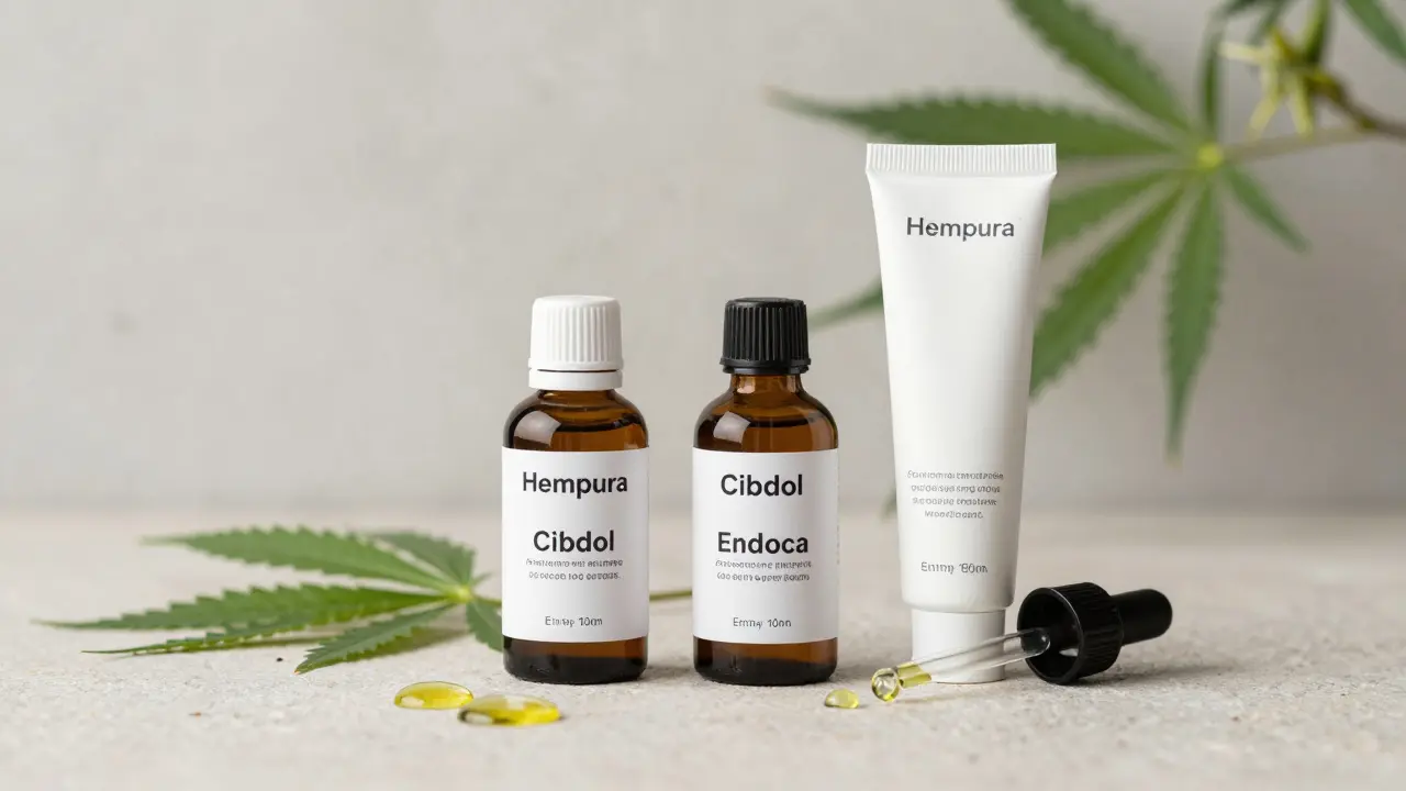 Drei Premium-CBD-Öle und eine Creme auf Stein, mit Hanfblättern und Trägerölen.