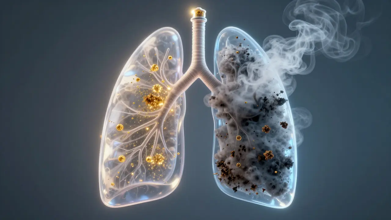 Durchschnittliche Lunge mit reinem CBD-Dampf auf einer Seite und Schadstoffen auf der anderen.