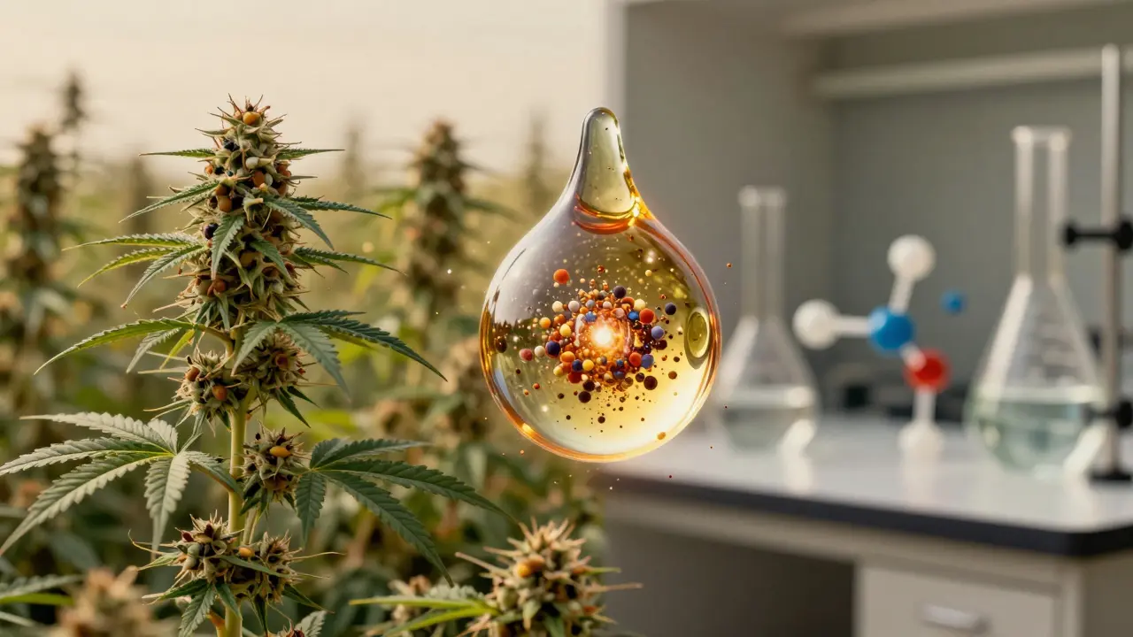 Ein CBD-Tropfen strahlt natürliche Cannabinoid- und Terpenpartikel aus, während dahinter Hanffeld und Labor sich gegenüberstehen.