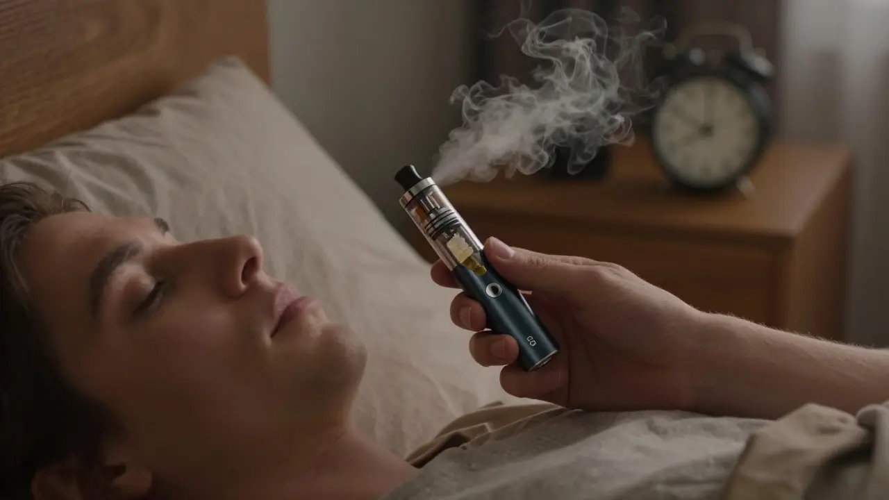 Eine Person verwendet einen CBD-Vape-Stift im Bett, ruhig und entspannt, kein Rauchen, nur sanfter Dampf.