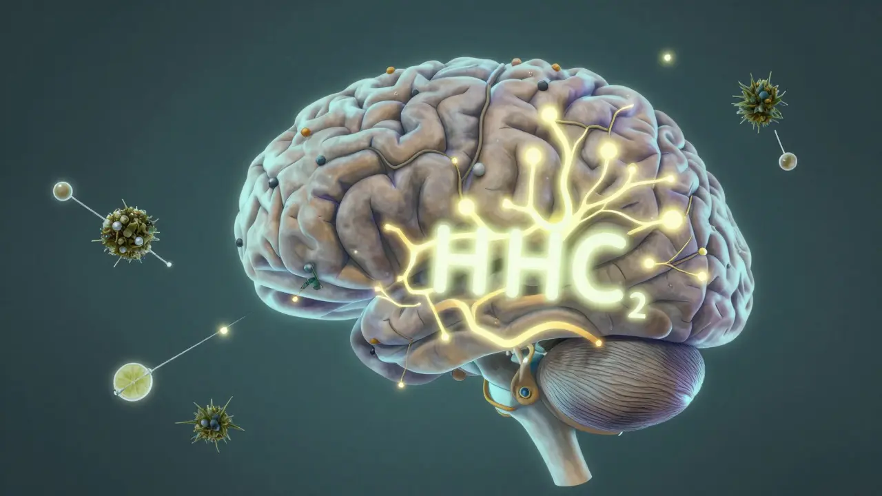 Gehirn mit leuchtenden Rezeptoren, die HHC und THC unterschiedlich binden, umgeben von Terpen-Molekülen.