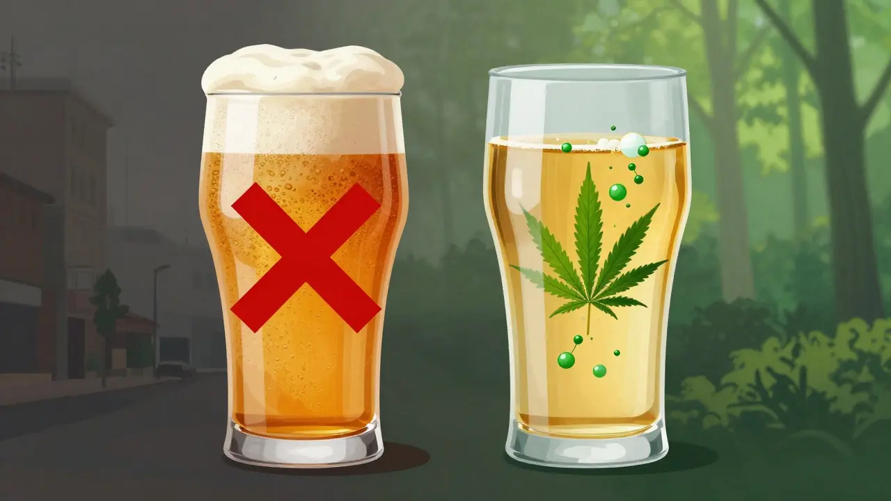 Glas mit zwei Seiten: links Alkohol-Bier mit Kreuz, rechts CBD-Bier mit Hanfpartikeln.