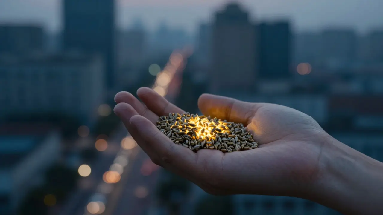 Hand mit Hanfsamen vor verschwommenem Stadtbild bei Dämmerung, sanftes goldenes Licht