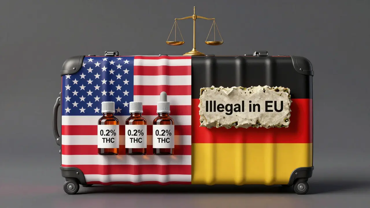 Koffer mit US- und deutschen Flaggen, CBD-Öl vs. illegales Hash