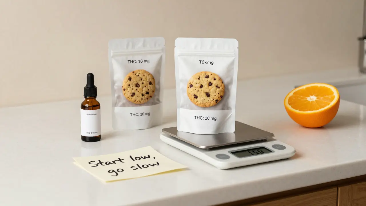 Küchentheke mit gekennzeichnetem Cannabis-Cookie, CBD-Tinktur, Waage und Orange — Safer Use dargestellt.