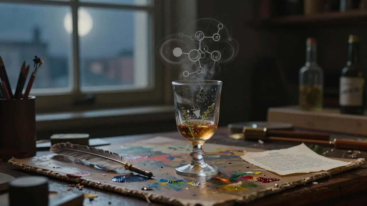 Künstlerstudio mit halb geleerter Absinthflasche, Malutensilien und einem sanften, mystischen Schimmer über dem Glas.