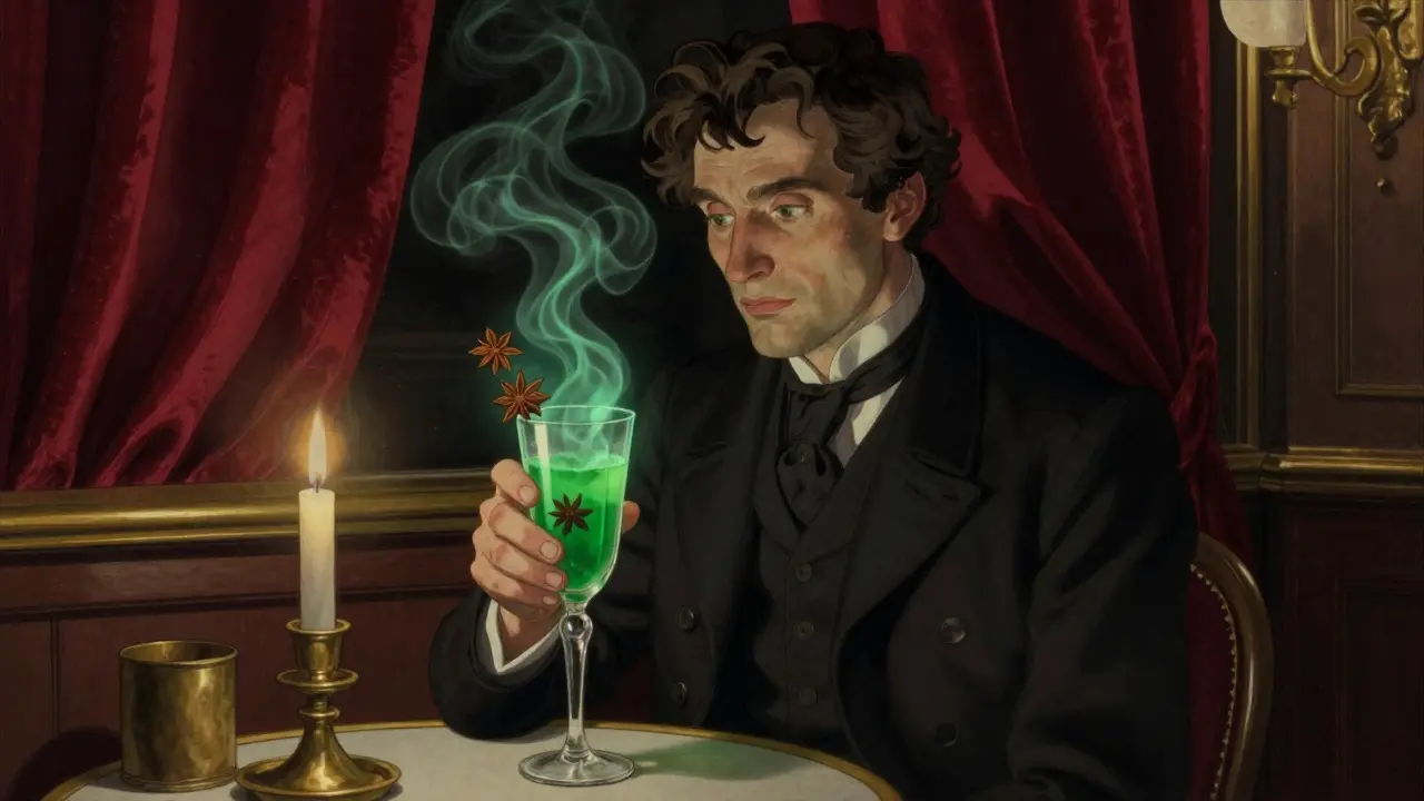 Mann in altertümlichem Café mit Absinthglas, träumerischer Ausdruck, sanfte grüne Nebelschwaden.