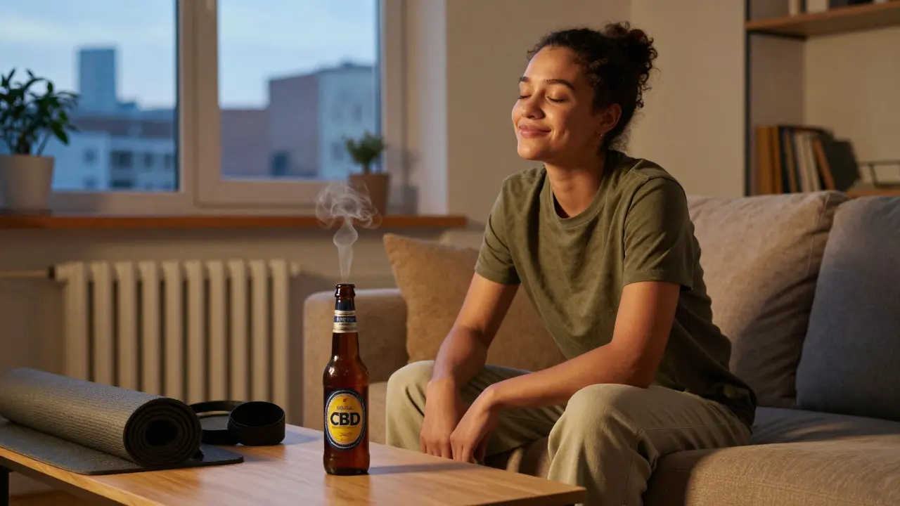 Mensch entspannt auf dem Sofa mit CBD-Bier, Yoga-Matte im Hintergrund, abendliches Licht.