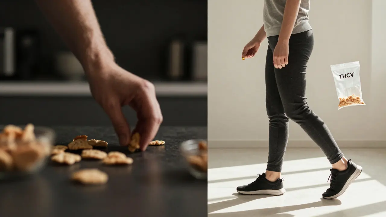 Mensch im Vergleich: links mit Snacks, rechts mit Capsule und leerer Snack-Tüte