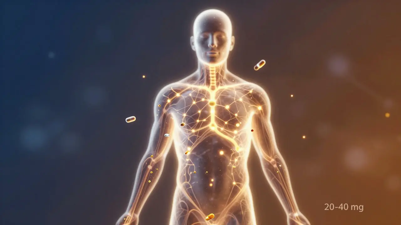 Menschliche Silhouette mit leuchtendem Endocannabinoid-System und schwebenden CBD-Kapseln darum.