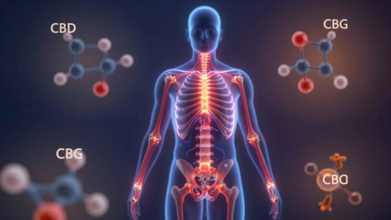 Menschlicher Körper mit leuchtenden CBD-Wirkwegen durch das Endocannabinoid-System.