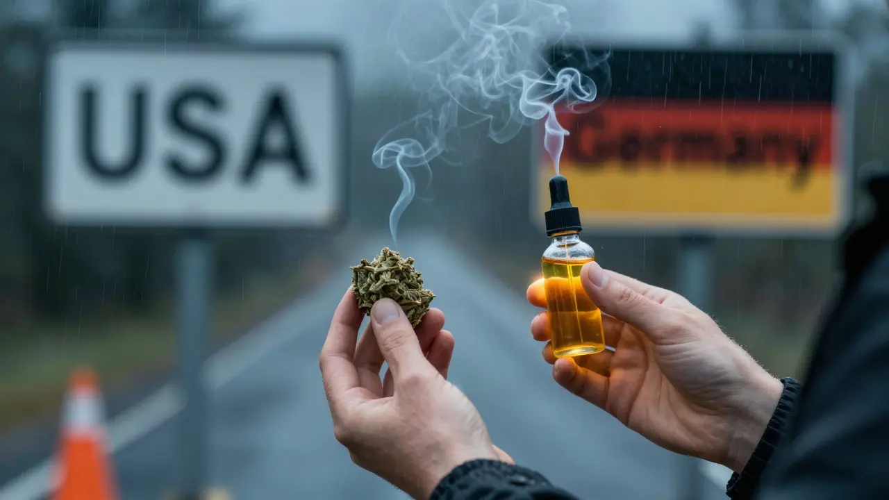 Person an Grenze mit CBD-Hash und CBD-Tropfen, Regen im Hintergrund