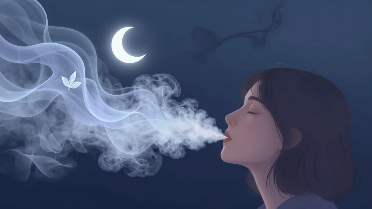 Person atmet CBD-Dampf ein, der sich in beruhigende Symbole verwandelt.