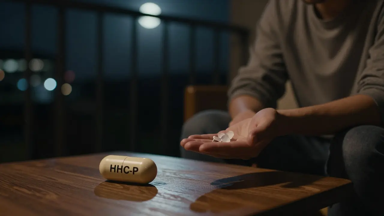 Person hält eine winzige THCP-Dosis in der Hand, daneben eine größere HHC-P-Kapsel bei Mondlicht.