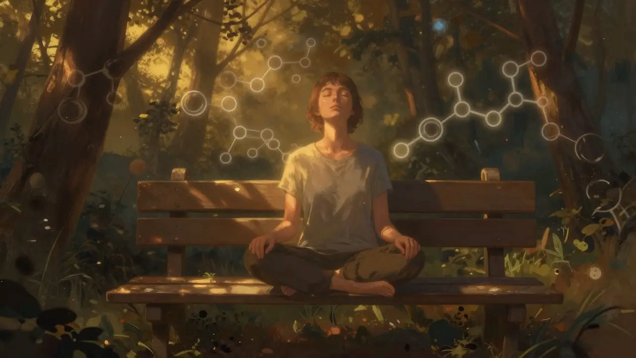 Person in ruhigem Wald bei Dämmerung, entspannt und von sanftem Licht umgeben.