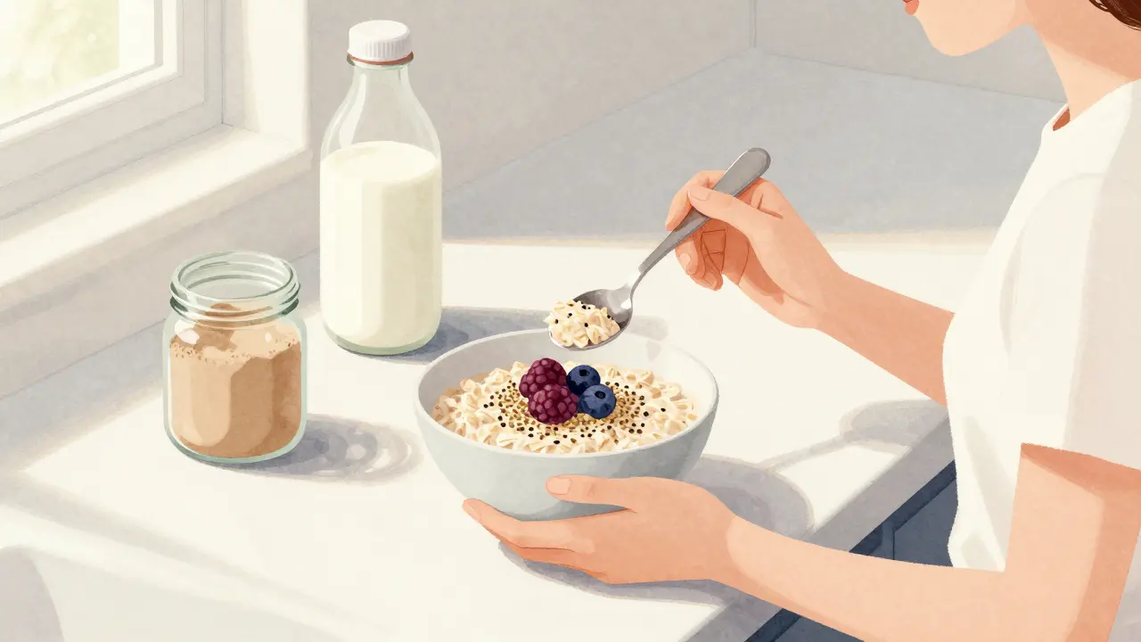 Person isst Haferbrei mit Hanfsamen und Beeren, morgendliches Licht im Hintergrund