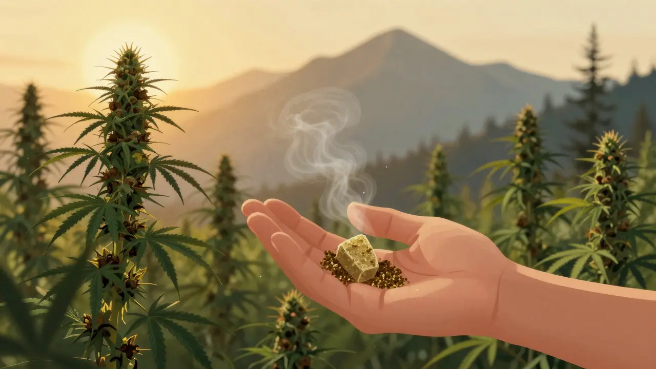 Person wandert bei Sonnenaufgang, sanft leuchtende Terpene steigen von einem Edible auf.