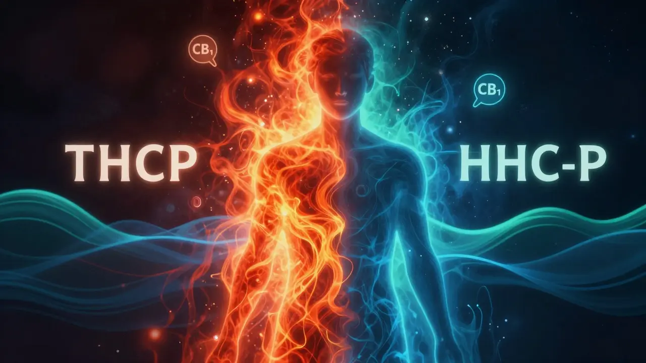 Silhouette mit zwei unterschiedlichen Energien: intensiv rot-orange für THCP und ruhig blau-grün für HHC-P.