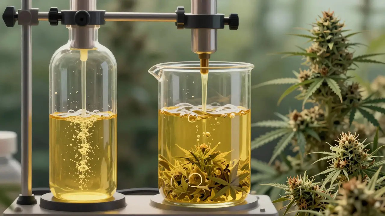 Supercritisches CO₂-Extraktionsgerät zieht goldenes CBD-Öl aus getrockneten Hanfblüten in einem klaren Glasapparat.